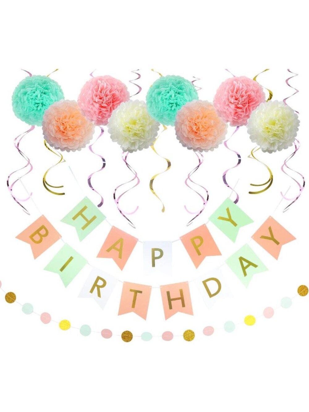 Birthday Decor Pack of 19 Banner Tissue flowers Swirls Garland girl pastel gold